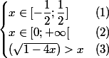 \begin{cases} x\in [-\dfrac{1}{2} ; \dfrac{1}{2}] & (1) \\ x\in[0;+\infty[ &(2) \\(\sqrt{1-4x}) > x &(3) \end{cases}